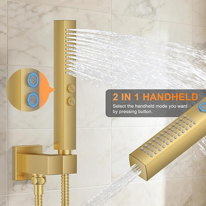 Brushed Gold Shower System with Tub Spout, Ceiling Mounted Bathtub Shower Faucet Set, 12" Rainfall Shower Head and Handheld Shower Combo, High Pressure Shower Fixtures Set with Rough-in Valve - Image 4