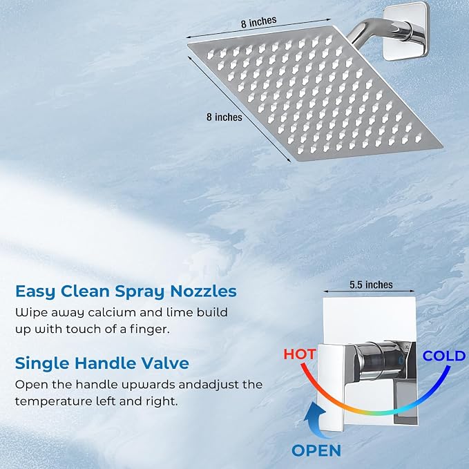 Shower Faucet Set, 8 Inch Square Wall Mounted Rainfall Shower Head with Rough-in Valve Body, Modern Bathroom Shower Trim Kit, Stainless Steel Single Function RV Shower System (Chrome) - Image 7