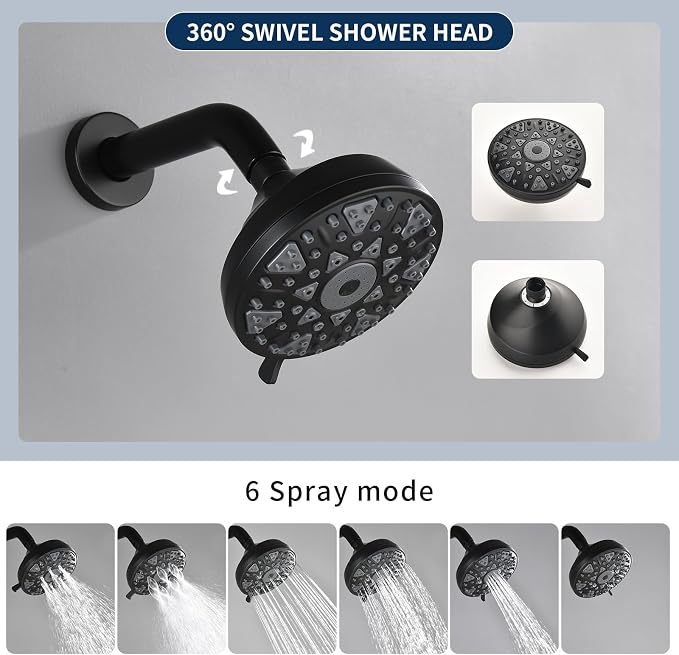 Matte Black 3 Handles Shower Faucet Set with Tub Spout Bathtub Shower Faucets Combo Set Shower System Complete Tub and Shower Trim Kit Shower Fixtures - Image 4