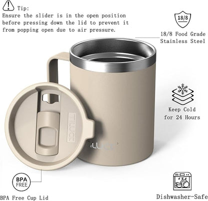 TILUCK 12 oz Insulated Coffee Mug with Lid, Double Wall Vacuum Insulated Travel Mug Cup with Handle for Hot or Cold Drinks（12oz，Matte MistyGray） - Image 2