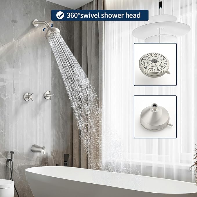 2 Handle Shower Faucet Set with Tub Spout Bathtub Shower Faucet Combo Set Shower System Complete Tub and Shower Trim Kit Brushed Nickel Wall Mounted Shower Fixtures - Image 3