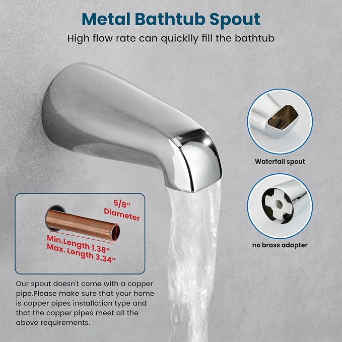 gotonovo 3 Handle Tub Shower Faucet Set, Tub and Shower Faucet Combo,Bathtub Faucet Set with 6 Settings Shower Head and Waterfall Tub Spout, Tub and Shower Trim Kit, Tub Shower Fixture Polished Chrome - Image 5