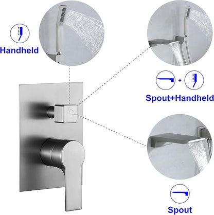 SHAMANDA Waterfall Wall Mounted Bathtub Faucet with Hand Shower, Bathroom Single Handle Tub Faucet Modern Brass Tub Shower Faucet Set(Including Rough-In Valve Body and Trim), Brushed Nickel, L901-2 - Image 2