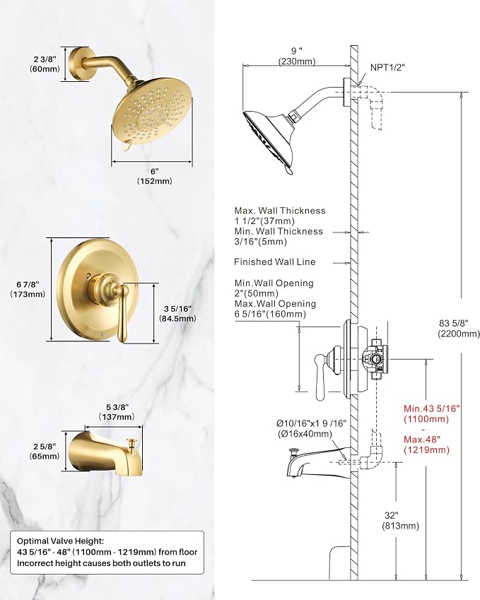 Shower Faucet Set Brushed Gold: Single Handle Bathtub Trim Kit with 6 Inch Rain Shower Head and Tub Spout, High Pressure Faucet Set for Bathtub (Brass Valve Included) - Image 8