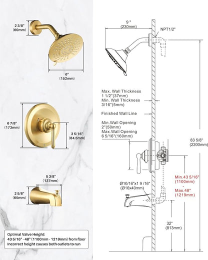 Shower Faucet Set Brushed Gold: Single Handle Bathtub Trim Kit with 6 Inch Rain Shower Head and Tub Spout, High Pressure Faucet Set for Bathtub (Brass Valve Included) - Image 8