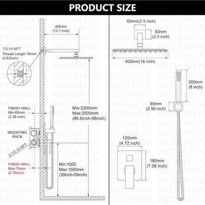 Midanya Shower Faucet Set,Wall Mount Shower System with Square Rain Shower Head and Hand Sprayer, Rough-in Valve Body and Trim Kit Included,16 Inch,Matte Black - Image 6