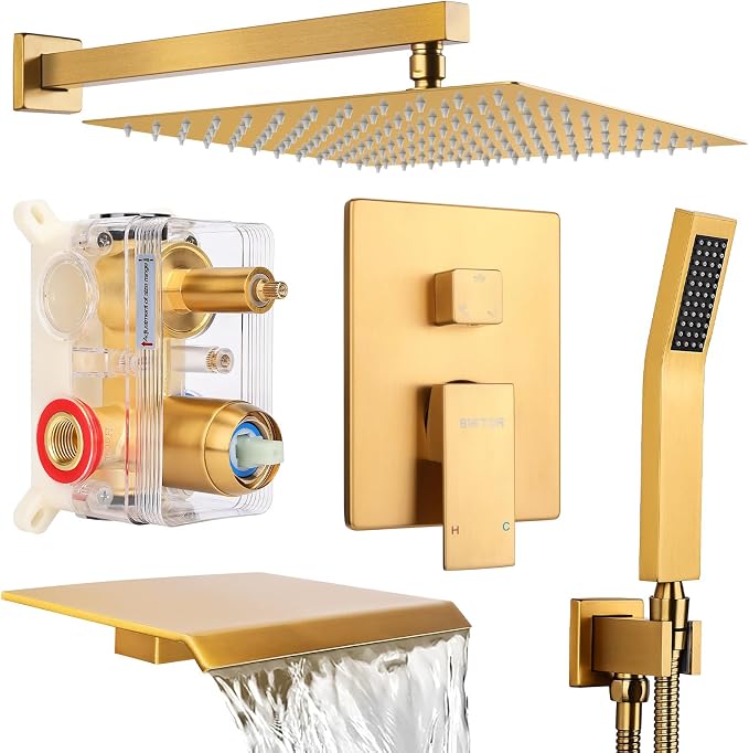 Wall Mounted Shower Faucet Set, Shower System with Tub Spout, 10 Inch Rainfall Shower Head with Handheld Spray, Waterfall Tub Spout Bathtub Faucet, Brushed Gold by BetterQualityBetterLife
