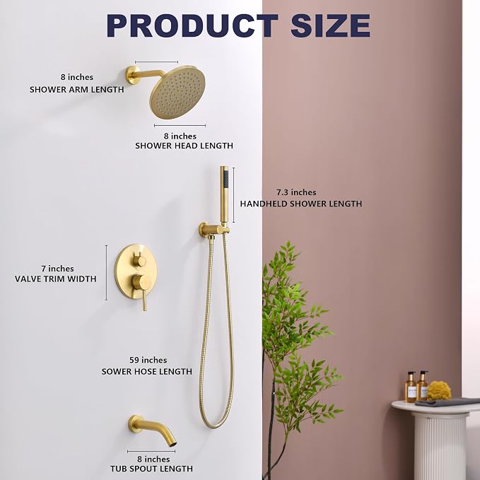 Shower System with Tub Spout, Gold Bathtub Shower Faucet Set, 8" Rain Shower Head and Handheld Spray Combo, Round Shower Head and Handle Set with Tub Spout (Valve Included), Brushed Gold - Image 3