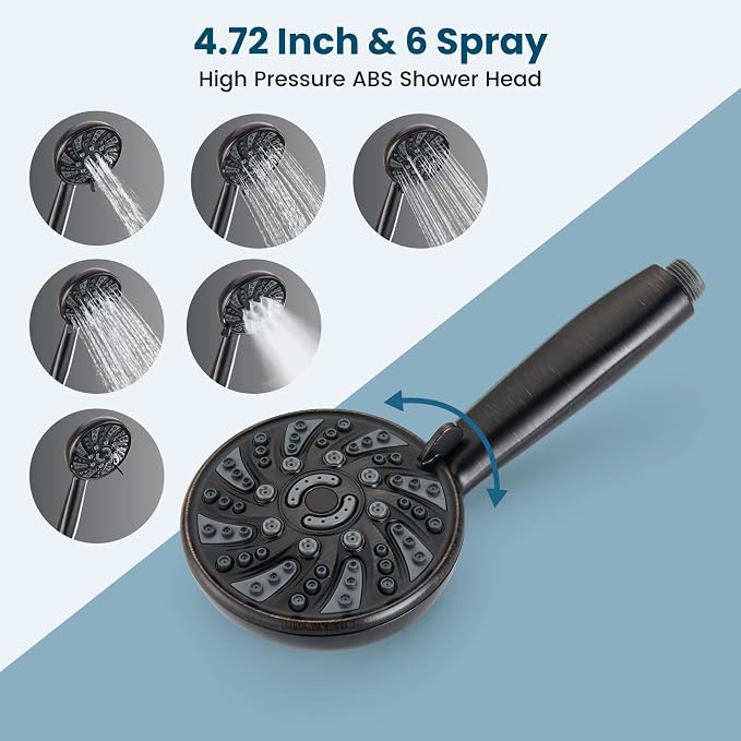 gotonovo Bathroom Shower Head Kit High Pressure Combo System Shower Faucet 6 Modes ABS Handheld Spray Shower Trim Kit Valve Included Shower Head and Handle Set Oil Rubbed Bronze - Image 4