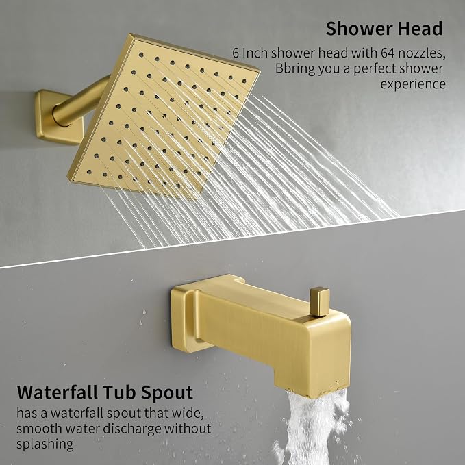 Brushed Gold Shower Faucet Set with Tub Spout, 6 Inch Rain Shower Head and Tub Spout, Shower Fixtures with Tub Spout, Tub and Shower Trim Kit - Image 5