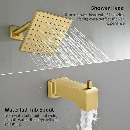 Brushed Gold Shower Faucet Set with Tub Spout, 6 Inch Rain Shower Head and Tub Spout, Shower Fixtures with Tub Spout, Tub and Shower Trim Kit - Image 5