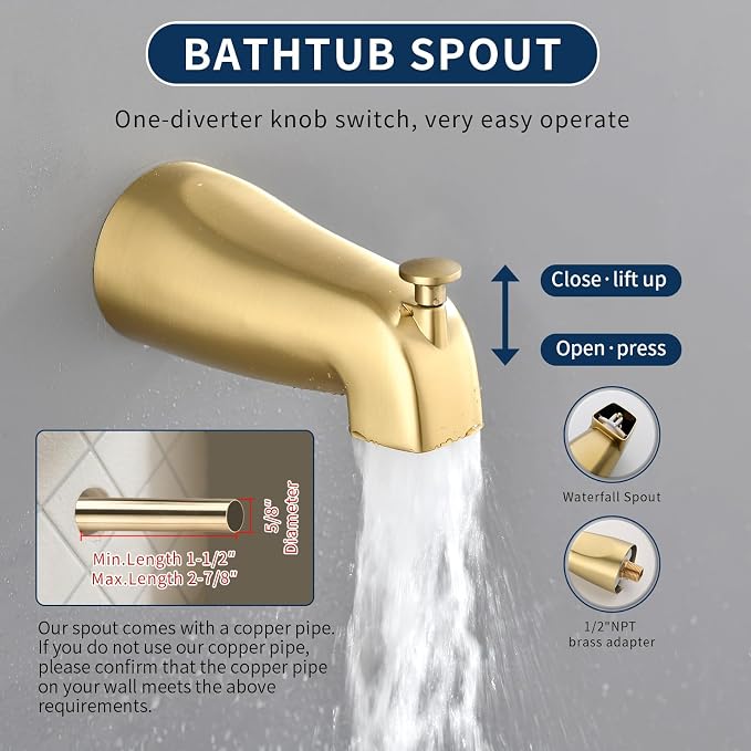2 Handle Shower Faucet Set with Tub Spout Bathtub Shower Faucet Combo Set Shower System Complete Tub and Shower Trim Kit Brushed Gold Wall Mounted Shower Fixtures - Image 6