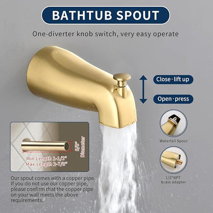2 Handle Shower Faucet Set with Tub Spout Bathtub Shower Faucet Combo Set Shower System Complete Tub and Shower Trim Kit Brushed Gold Wall Mounted Shower Fixtures - Image 6