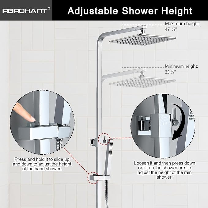 RBROHANT Polished Chrome Exposed Shower System with Tub Spout, Exposed Shower Fixtures for Bathroom with Brass 3-Functional Valve, Height Adjustable, Wall Mounted - Image 3