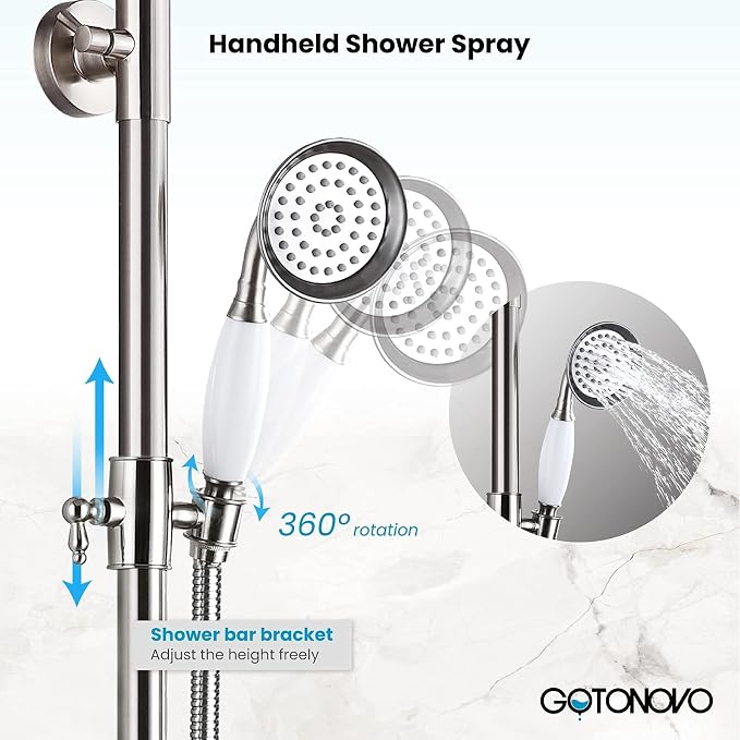 gotonovo Bathroom Exposed Shower Faucet Outdoor Shower System 8 Inch Rainfall Shower Head Set with Tub Spout and Handheld Spray Double Cross Handles Wall Mount without Shower Shelf Brushed Nickel - Image 8
