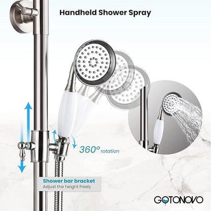 gotonovo Bathroom Exposed Shower Faucet Outdoor Shower System 8 Inch Rainfall Shower Head Set with Tub Spout and Handheld Spray Double Cross Handles Wall Mount without Shower Shelf Brushed Nickel - Image 8
