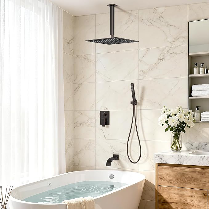 Oil Rubbed Bronze Shower System with Tub Spout, Ceiling Mounted Bathtub Shower Faucet Set, 12" Rainfall Shower Head and Handheld Shower Combo, High Pressure Shower Fixtures Set with Rough-in Valve - Image 9