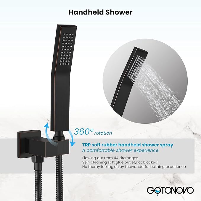 gotonovo Rainfall Tub Shower Faucet Set Bathroom Shower System with Tub Spout Wall Mount Square High Pressure Shower Fixtures with Handheld Sprayer Rough-In Valve 10'' Shower Head,Oil Rubbed Bronze - Image 8