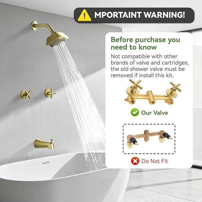 2 Handle Shower Faucet Set with Tub Spout 6-Spray Shower Head and Handle Set Shower Trim Kit with Rough-in Valve Bathroom Shower Faucet Valve Trim Kit Brushed Gold - Image 2