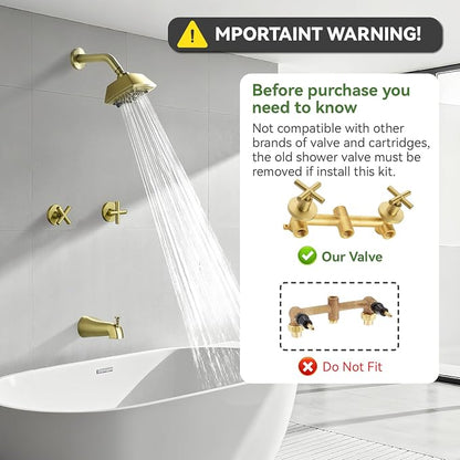 2 Handle Shower Faucet Set with Tub Spout 6-Spray Shower Head and Handle Set Shower Trim Kit with Rough-in Valve Bathroom Shower Faucet Valve Trim Kit Brushed Gold - Image 2