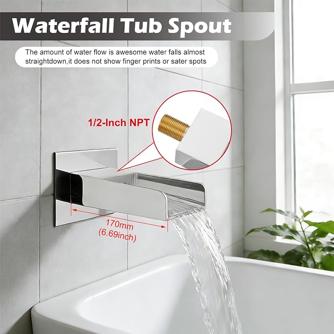 Midanya Rain Shower System Tub Shower Faucet Set Square Rainfall Waterfall Shower Head with Handheld Sprayer Tub Spout Combo Wall Mounted bathtub faucet set Rough-in Valve, 12 Inch Polish Chrome - Image 3