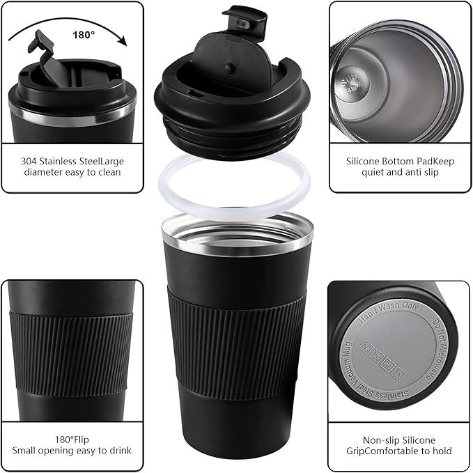YINBAOGE Insulated Travel Coffee Mug, Spill & Leak Proof, Portable To Go Camping Stainless Steel Coffee Tumbler, Reusable Thermal Coffee Cup with Lid for Hot & Cold Drinks (Black, 17 OZ) - Image 2