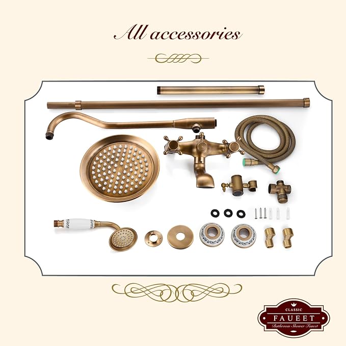 gotonovo Shower Fixture Faucet Set Complete Antique Brass Exposed Pipe Shower System 8 Rain Shower 2 Double Knobs Handle Triple Function Tub Spout Shower Combo Unit Set - Image 9