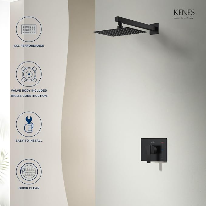 KENES Matte Black Shower Faucet with 10-Inch Shower Head and Handle Set, Square Shower Faucet Set Bathroom Rainfall Shower System Wall Mount, KE-6024B-2 (Shower Valve Included) - Image 8