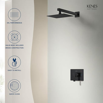 KENES Matte Black Shower Faucet with 10-Inch Shower Head and Handle Set, Square Shower Faucet Set Bathroom Rainfall Shower System Wall Mount, KE-6024B-2 (Shower Valve Included) - Image 8