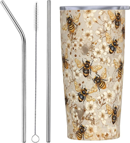 Bee Tumbler with Lid and Straw 20oz Vacuum Insulated Coffee Cup Stainless Steel Tumblers Leakproof Travel Mug Present for Women Men by Yrebyou
