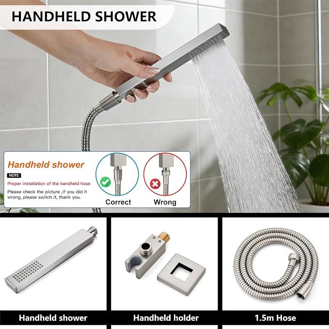 Midanya Shower System with Tub Spout,Bathtub Shower Faucet Set with Square Rainfall Head and Handheld Sprayer Wall Mount Tub Faucet Set with Valve and Trim Kit,10 Inch Brushed Nickel - Image 7