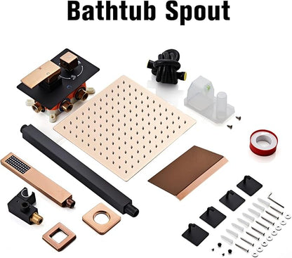 12 Inch Ceiling Mount Shower System Matte Black Gold Rain Mixer Shower Combo Set High Pressure Rainfall Shower Head System Bathroom Luxury Shower Faucet Set Rough-in Valve and Trim Included - Image 4