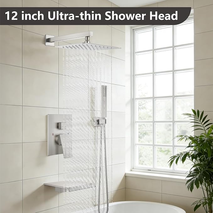 Midanya Shower System with Tub Spout,Bathtub Shower Faucet Set with Square Rainfall Head and Handheld Sprayer Wall Mount Tub Faucet Set with Valve and Trim Kit,12 Inch Brushed Nickel - Image 2