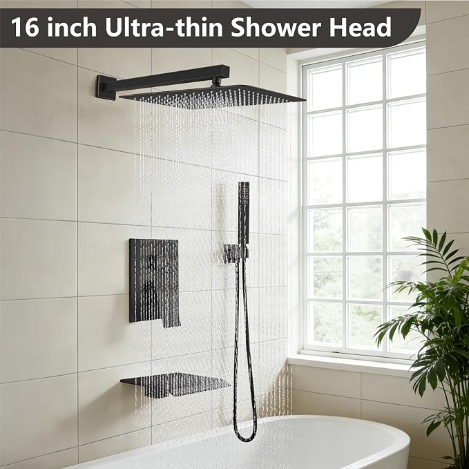 Midanya Shower System with Tub Spout,Bathtub Shower Faucet Set with Square Rainfall Head and Handheld Sprayer Wall Mount Tub Faucet Set with Valve and Trim Kit,16 Inch Oil Rubbed Bronze - Image 2