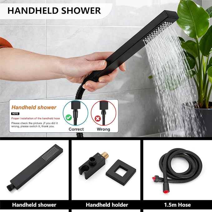 Midanya Rain Shower System Tub Shower Faucet Set Square Rainfall Waterfall Shower Head with Handheld Sprayer Tub Spout Combo Wall Mounted bathtub faucet set Rough-in Valve, 10 Inch Matte Black - Image 7