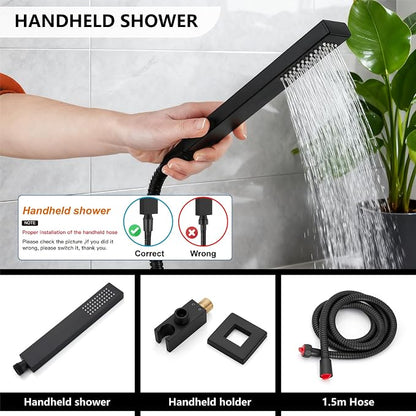 Midanya Rain Shower System Tub Shower Faucet Set Square Rainfall Waterfall Shower Head with Handheld Sprayer Tub Spout Combo Wall Mounted bathtub faucet set Rough-in Valve, 10 Inch Matte Black - Image 7