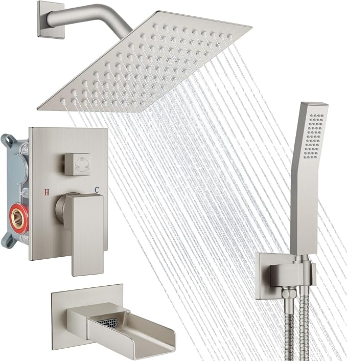 Midanya Rain Shower System Tub Shower Faucet Set Square Rainfall Waterfall Shower Head with Handheld Sprayer Tub Spout Combo Wall Mounted bathtub faucet set Rough-in Valve, 8 Inch Brushed Nickel by Midanya