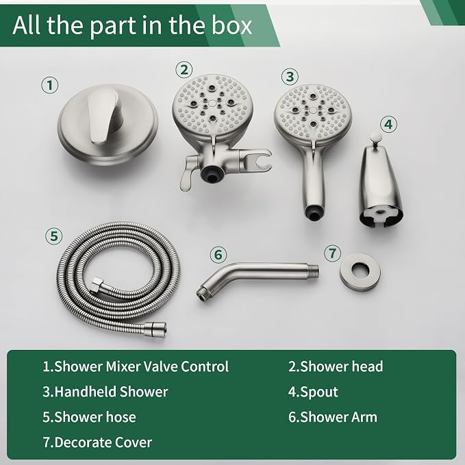 L829-2 Brushed Nickel Shower Faucet Set - Complete Dual Shower Head & Handheld Combo, Tub Spout & Trim Kit - Image 7