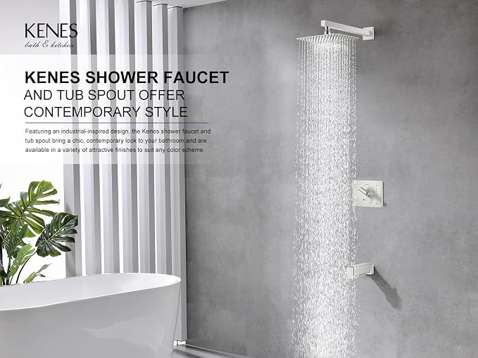 KENES Brushed Nickel Tub Shower Faucet Set Complete, Tub and Shower Trim Kit with 10-Inch Rain Shower Head, Square Shower System, KE-6024A (Shower Valve Included) - Image 2