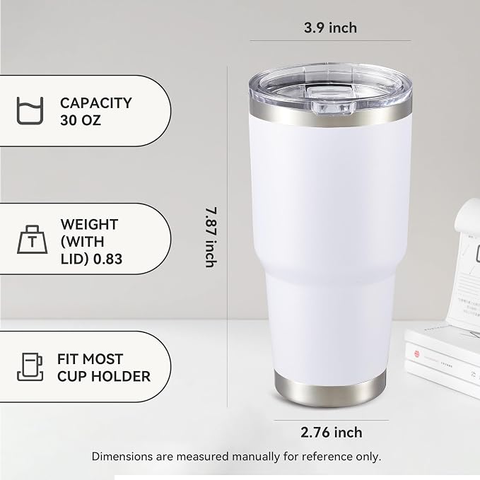 30 oz Tumbler with Lid Stainless Steel Tumblers Bulk Vacuum Insulated Cup Reusable Powder Coated Travel Mug Double Wall Leak Proof Cups Keep Cold Drinks for 12 Hours White, Set of 8 - Image 4