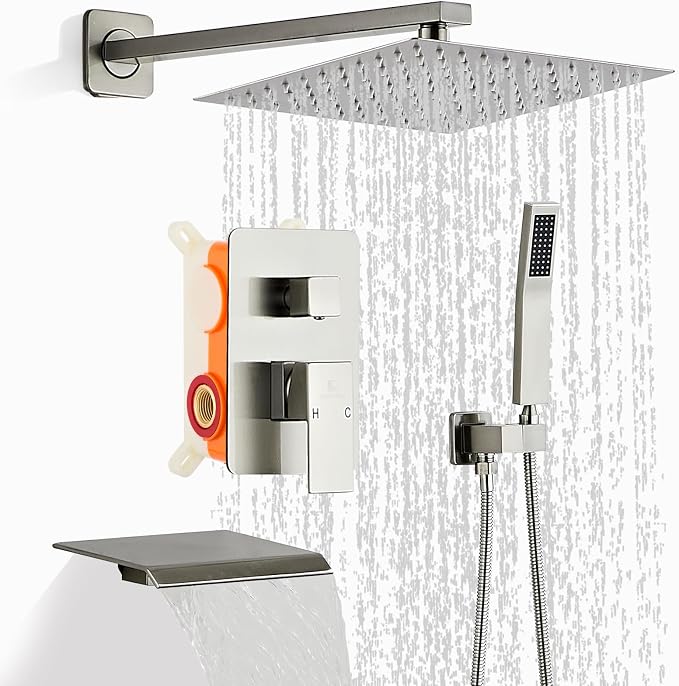 Brushed Nickel Rainfall Shower Faucet Set with Tub Spout 10 Inch, Shower Head and Handle with 2 Hooks, Rain Shower and Handheld Shower System Square Wall Mount for Bathroom by RTTWYYUU