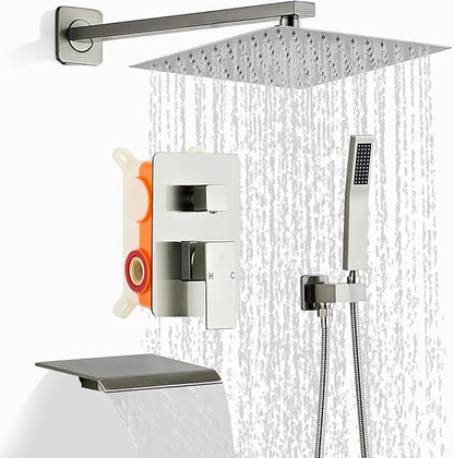 Brushed Nickel Rainfall Shower Faucet Set with Tub Spout 10 Inch, Shower Head and Handle with 2 Hooks, Rain Shower and Handheld Shower System Square Wall Mount for Bathroom by RTTWYYUU