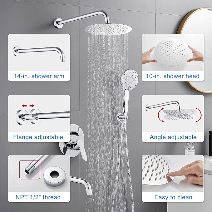 ROVOGO Bathtub Shower Faucet Set with Valve, Shower System with Tub Spout, 10-in. Rain Shower and Handheld, Round Shower Fixtures Wall Mount, Chrome - Image 5