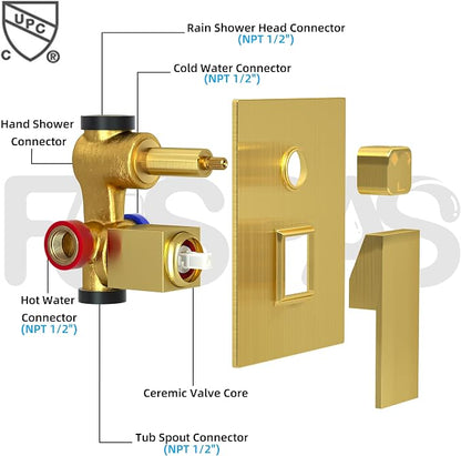 Ceiling Mount Shower System with Tub Spout, 10-Inch High-Pressure Rain Showerhead and Handheld Combo, Brushed Gold Shower Faucet Set with Rough-in Valve and Trim Kit, All-Metal - Image 4