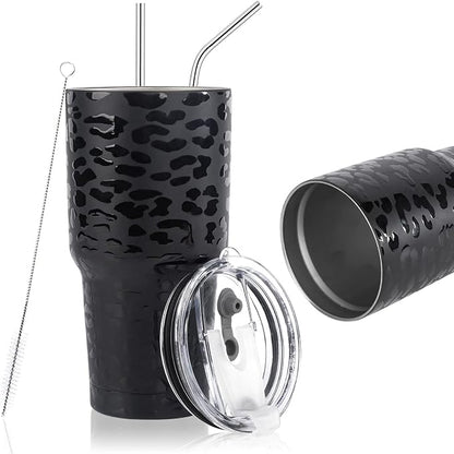 D·S 30oz Black Leopard Tumbler Stainless Steel Insulated Travel Mug with Straw Lid Cleaning Brush - Image 2