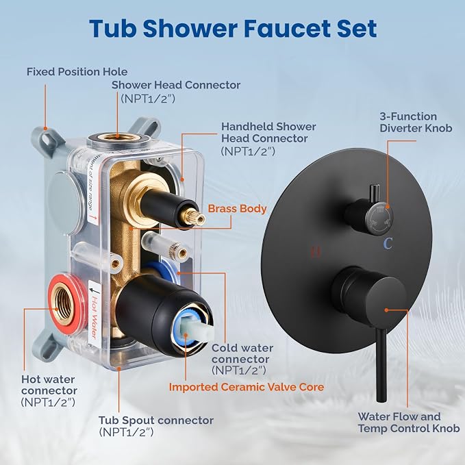 Airuida 3-Function Rain Shower System Set – Wall Mount Tub Shower Combo with Handheld Shower and Tub Spout,12 Inch Shower Head,Matte Black - Image 5