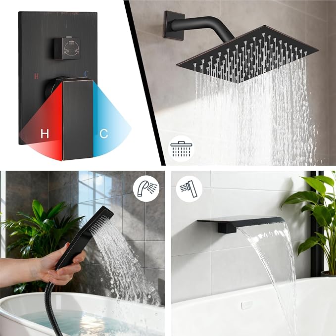 Midanya Shower System with Tub Spout,Bathtub Shower Faucet Set with Square Rainfall Head and Handheld Sprayer Wall Mount Tub Faucet Set with Valve and Trim Kit,8 Inch Oil Rubbed Bronze - Image 4