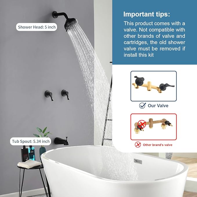 2 Handles Shower Faucet Set with Tub Spout Bathtub Shower Faucet Combo Set Shower System Complete Tub and Shower Trim Kit Wall Mounted Shower Fixtures Matte Black - Image 2