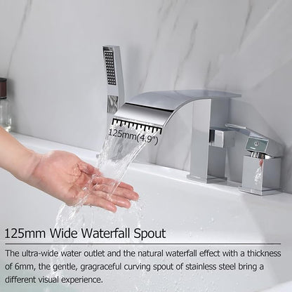 Waterfall Roman Tub Faucet with Hand Shower, Deck Mount Tub Filler Bathtub Faucet with Sprayer, Single Handle Bathtub Faucet Set, Brass Widespread 3 Hole Bathtub Shower Faucet Set, Chrome - Image 3
