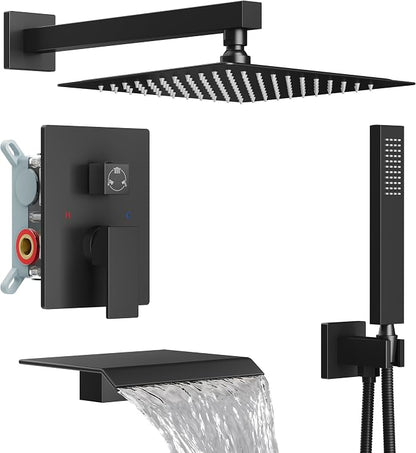 Midanya Shower System with Tub Spout,Bathtub Shower Faucet Set with Square Rainfall Head and Handheld Sprayer Wall Mount Tub Faucet Set with Valve and Trim Kit,10 Inch Matte Black by Midanya